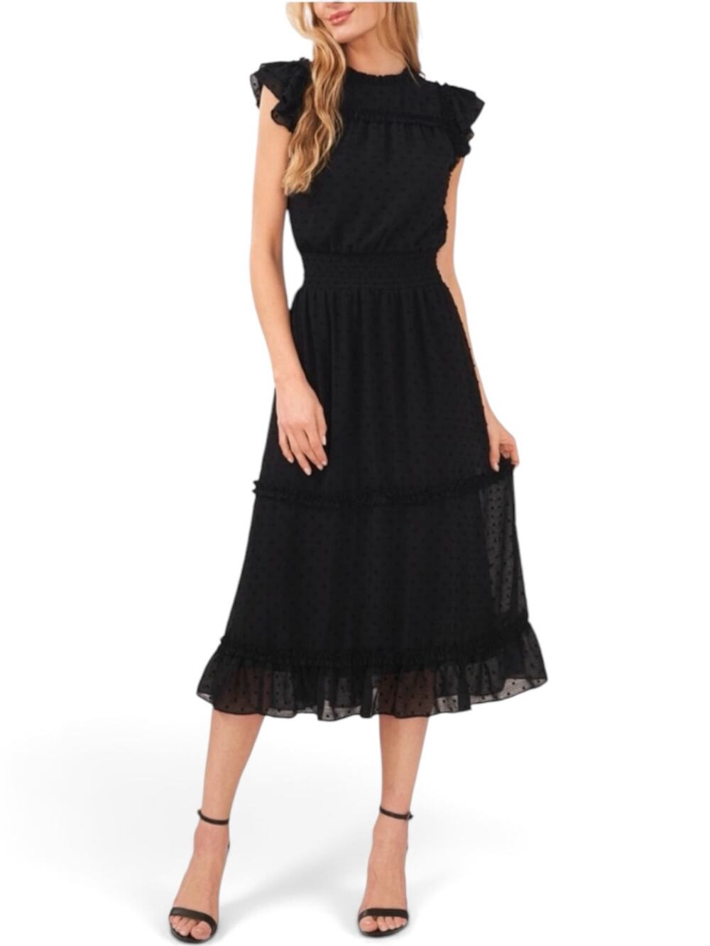 CeCe Black Swiss Dot Midi Dress Small Ruffled Smocked Waist Romantic Whimsigoth